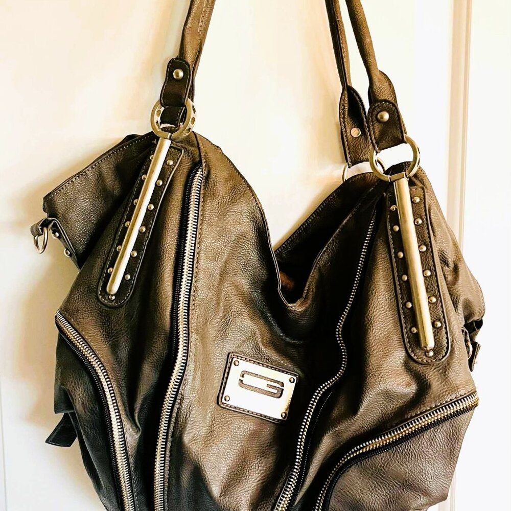 Vintage Guess Leather Slouch Hobo Bag Brown Studded 2000s Large Size 36x46
